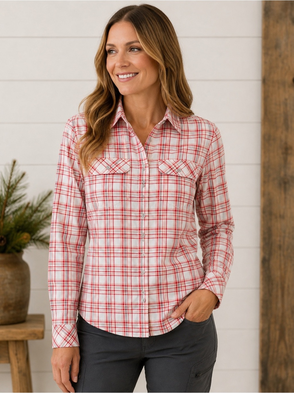 Stio Red Plaid Lone Tree Shirt Top Women’s XL